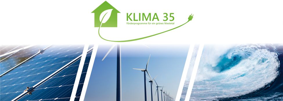 Klima 35, Förderprogramme für ein grünes Niestetal. Dargestellt sind neben dem Logo auch Wellen, PV Anlagen und Windrädern.