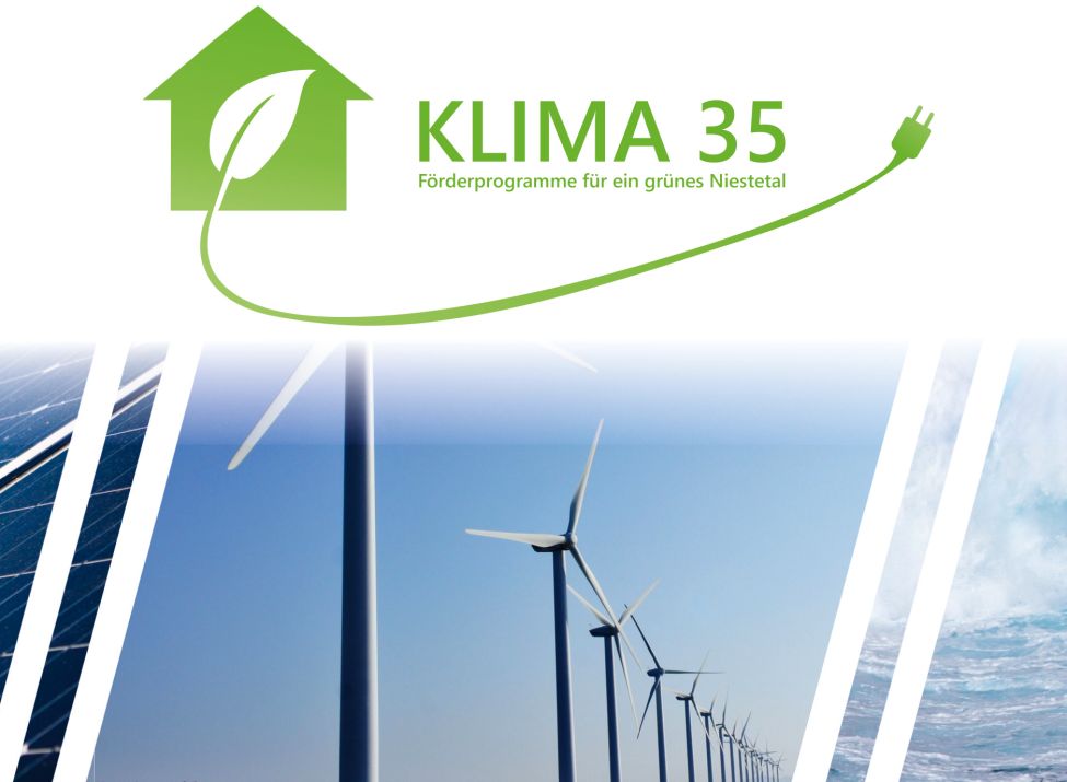 Klima 35, Förderprogramme für ein grünes Niestetal. Dargestellt sind neben dem Logo auch Wellen, PV Anlagen und Windrädern.