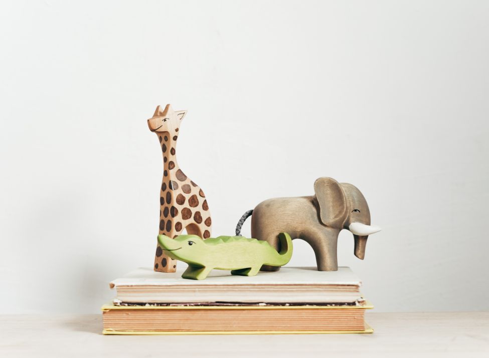 Beispielbild mit Büchern und Holztieren, einem Krokodil, einem Elefanten und einer Giraffe.