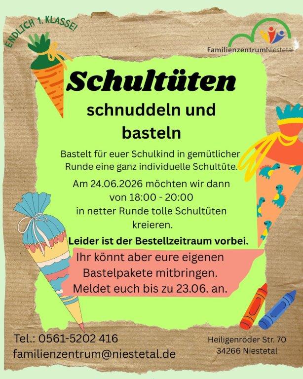 Meldet Euch zum Schultüte basteln im Juni an. Kontakt findet Ihr am Ende der Seite oder auf dem Bild.