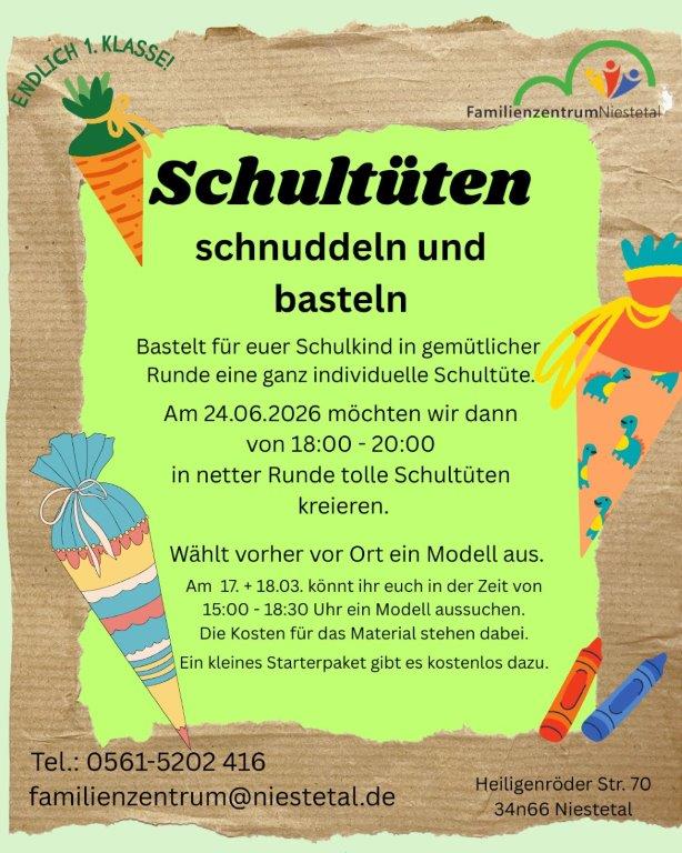 Meldet Euch zum Schultüte basteln im Juni an. Kontakt findet Ihr am Ende der Seite oder auf dem Bild.
