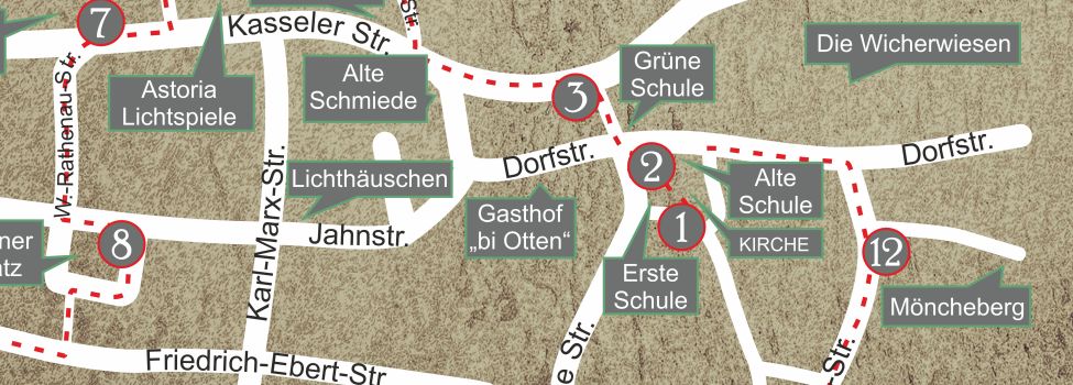 Karte Heiligenrodes mit dem Startpunkt Bibelgarten an der Kirche und Tafel 2 am Dorfplatz.