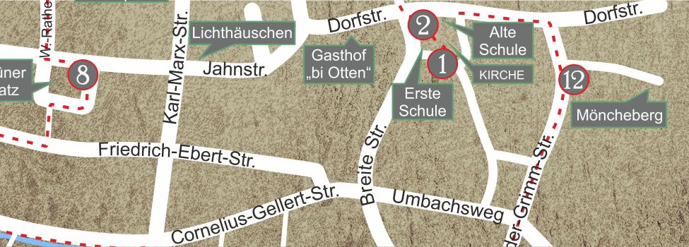 Über die Straße Am Teich kommen Sie in die Brüder-Grimm-Straße, von der Tafel aus kommen Sie über die nahe Dorfstraße zurück zur Kirche