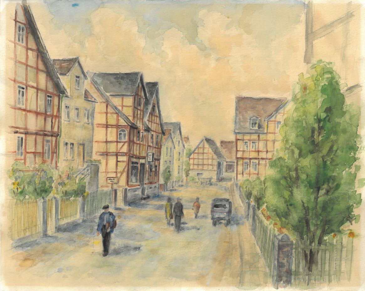 Die untere Dorfstraße, eine Ölmalerei von Justus Mergard um 1935. Zu sehen sind linksseitig das Fachwerkhaus der Gaststätte "Bi Otten".