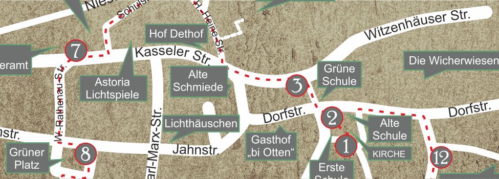 Karte mit der Tafel 3 an der Witzenhäuser Str. und der Weg zu Tafel 4 über die Heinrich-Heine-Str.
