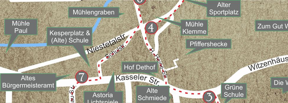 Karte mit der Tafel 4 an der Niestetalstraße und der Tafel 3 zur besseren Verständlichkeit des Laufweges.