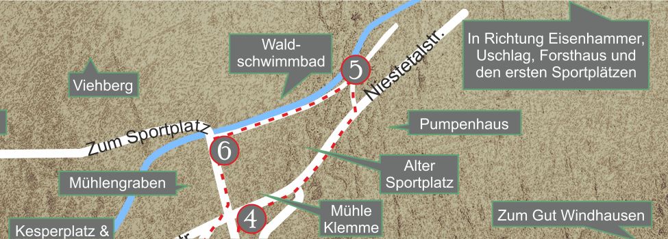 Karte mit der Tafel 5 und dem Weg über den Fuß- und Radweg an der Nieste bis zu Tafel 6 am Sportplatz.