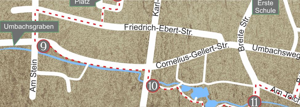 Entlang des Fußwegs Cornelius-Gellert-Straße kommen Sie über die Karl-Marx-Straße zum Eingang des Parks, neben dem AWO-Heim.