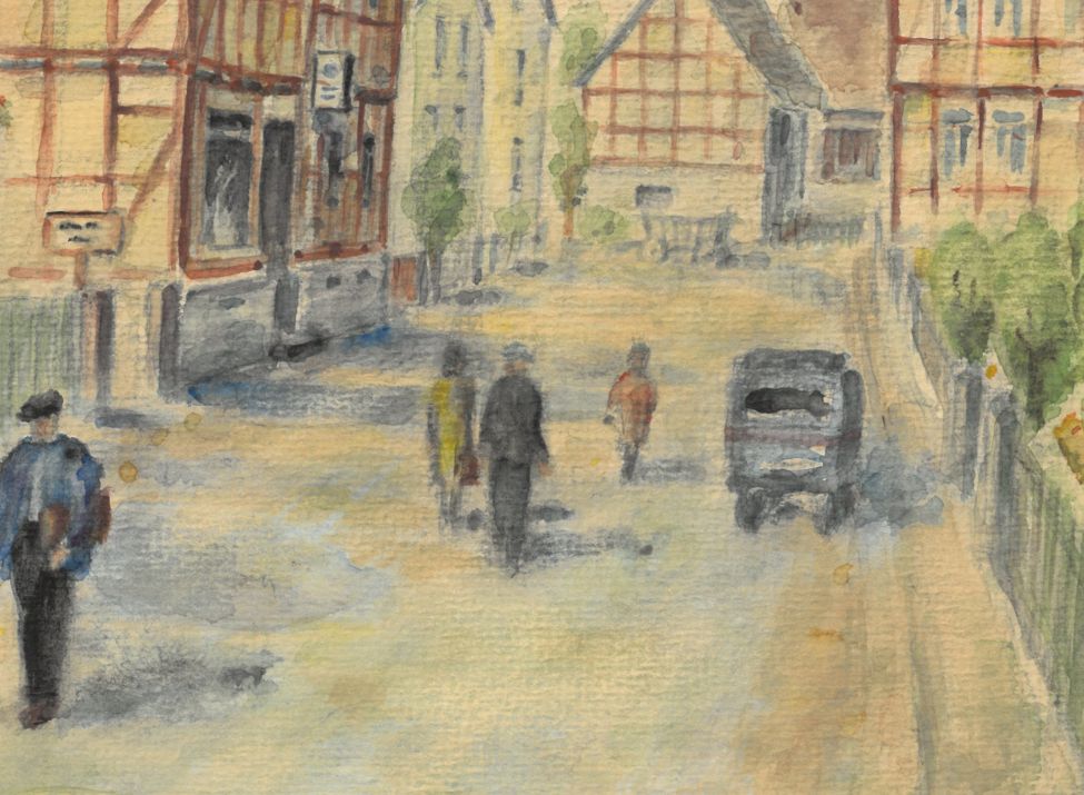 Aquarellmalerei von Justus Mergard, ca. 1935, untere Dorfstraße.