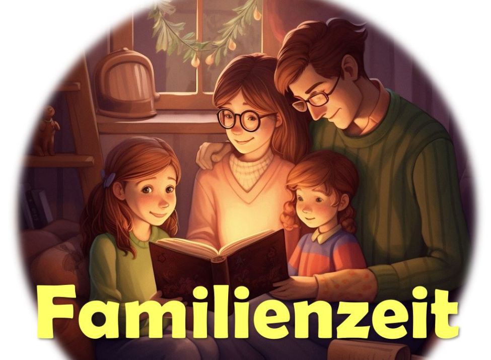 Familienzeit. Bild: Familie mit Vater und Mutter und zwei Kindern, die bei Kerzenschein ein Buch lesen und in Abenteuer eintauchen.