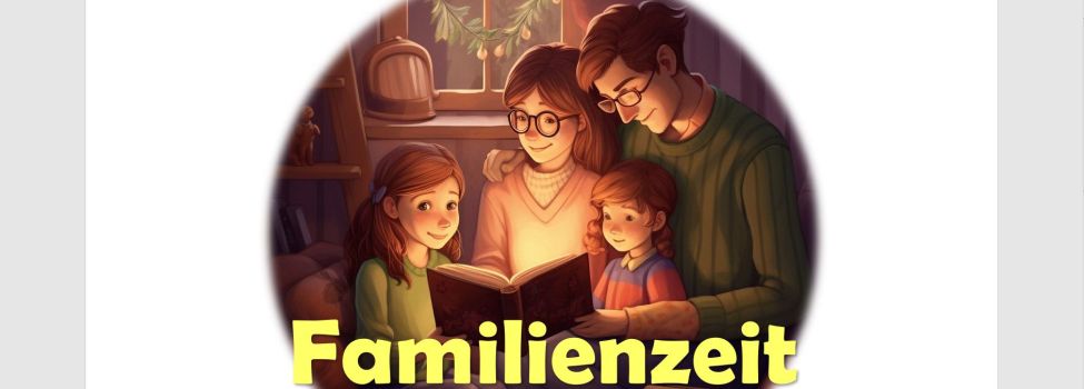 Familienzeit. Bild: Familie mit Vater und Mutter und zwei Kindern, die bei Kerzenschein ein Buch lesen und in Abenteuer eintauchen.