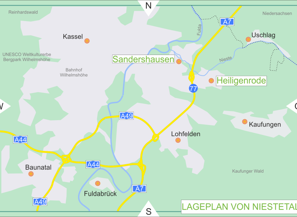 Niestetal liegt an der A7, Anschlussstelle 77, in unmittelbarer Nähe zur Stadt Kassel.