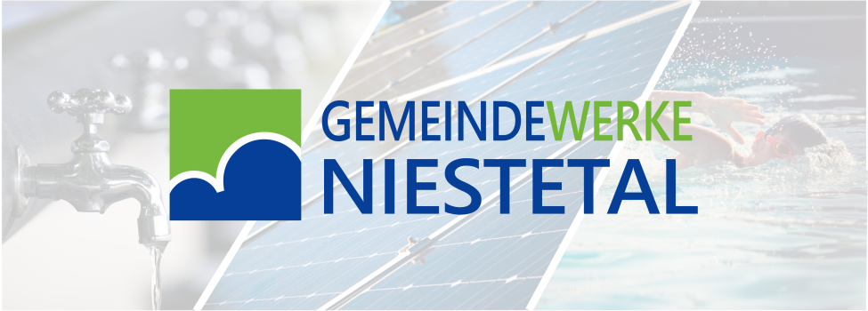 Das Logo der Gemeindewerke Niestetal mit Bildern zu den Themen Wasser, Strom, Schwimmbad.
