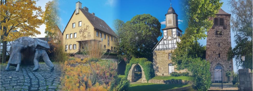 Die Kirche Heiligenrode und Sandershausen eingebettet in eine grüne Landschaft, daneben das alte Bürgermeisteramt in Sandershausen und der Dorfplatz Heiligenrode.