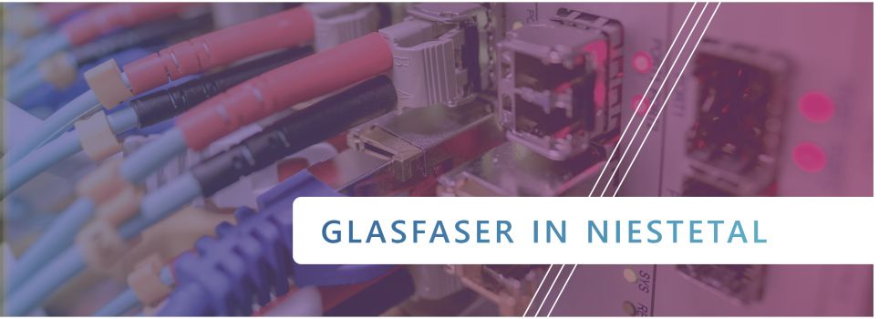 Zu sehen sind Glasfaserkabel in verschiedenen Farben und der blaue Schriftzug: Glasfaser in Niestetal