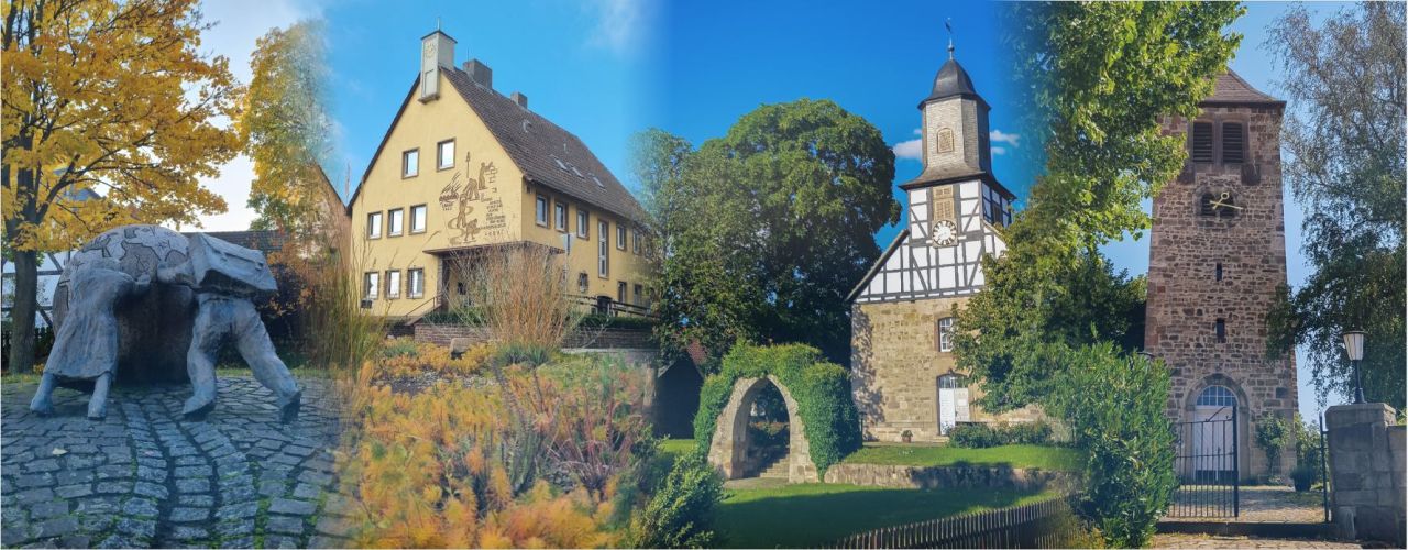 Die Kirche Heiligenrode und Sandershausen eingebettet in eine grüne Landschaft, daneben das alte Bürgermeisteramt in Sandershausen und der Dorfplatz Heiligenrode.