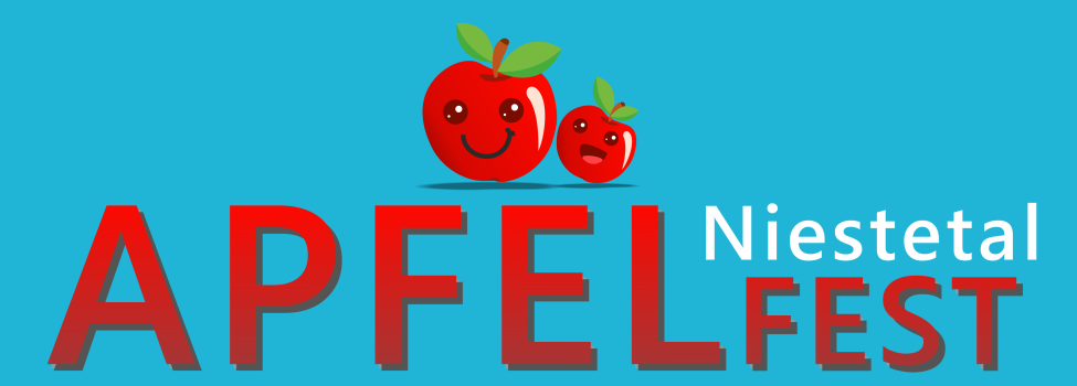 Zwei grinsende Äpfel heißen Sie zum Apfelfest Niestetal willkommen.