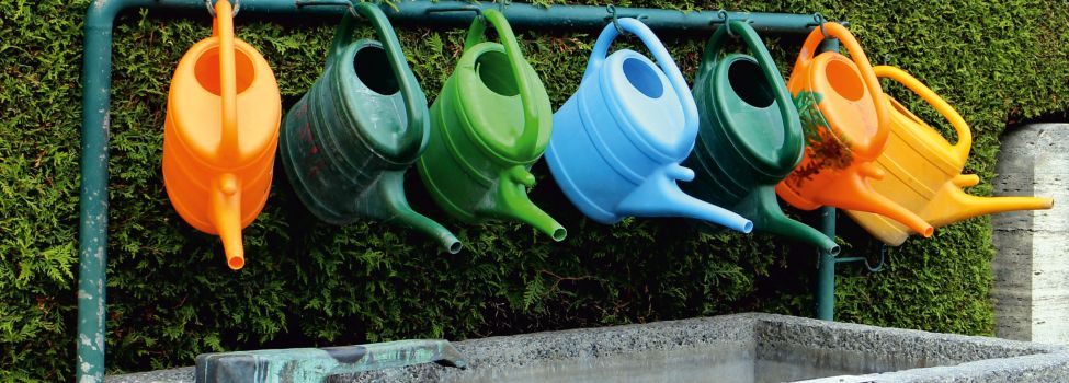 Gießkannen hängen aufgereiht über einem Brunnen