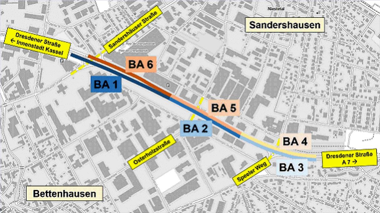 Übersicht der sechs Bauabschnitte an der Landesstraße 3237, der Dresdener Straße in Kassel im Bereich der Kreuzungen mit der Sandershäuser Straße, Osterholzstraße und dem Speeler Weg.  HessenMobil
