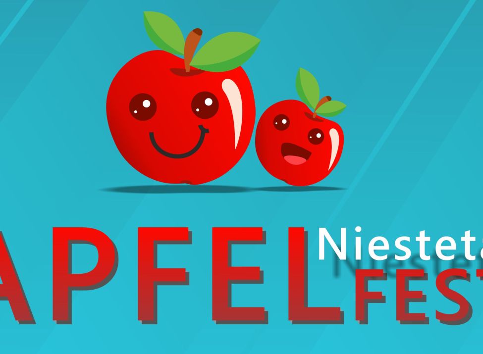 Zwei lächelnde äpfel begrüßen Sie zum Apfelfest Niestetal auf dem Rathausplatz.
