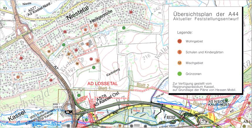 Hier wird die zukünftige Strecke der Autobahn 44 gezeigt. Im Norden befindet sich Heiligenrode, im Südosten Kaufungen und im Süden die A44.