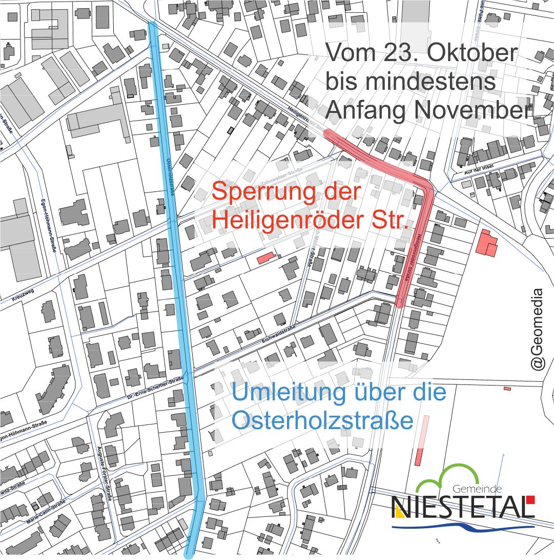 Die Umleitung führt über die Osterholzstraße. Die Heiligenröder Str. wird bis Nopvember voll gesperrt werden.