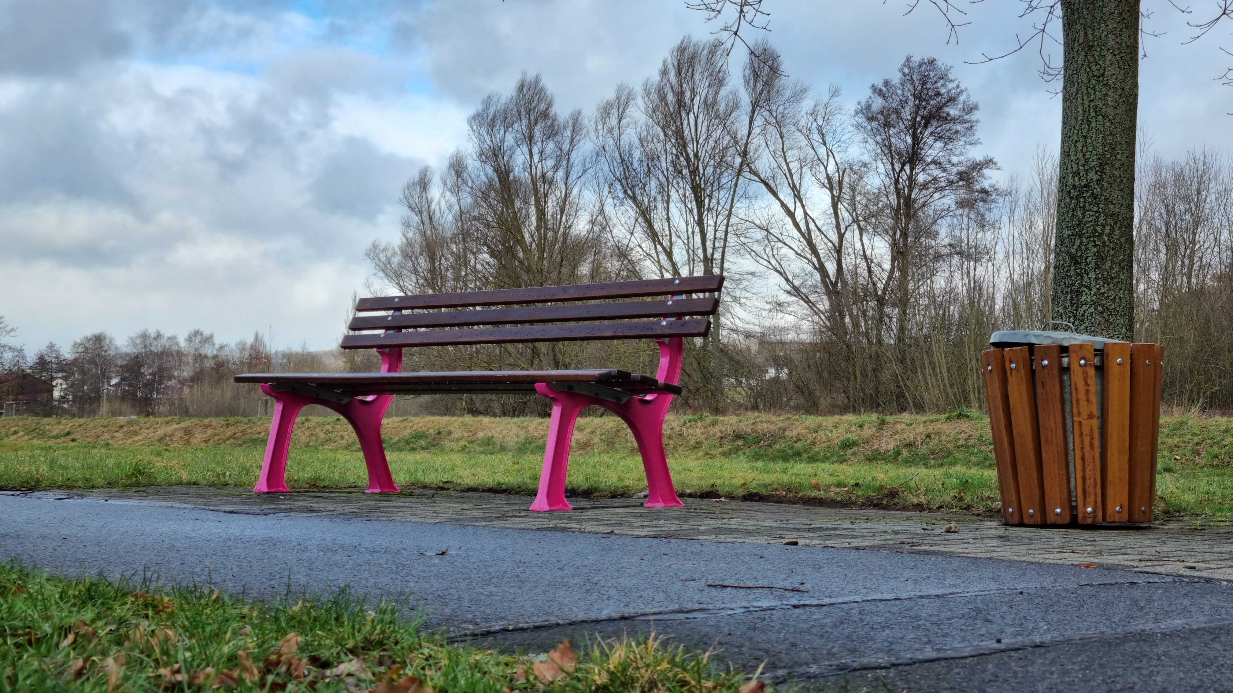 Die neu bemalten Bänke finden sich in der ganzen Gemeinde. Hier in pink in der Heiligenröder Str.