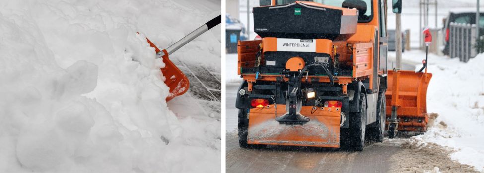 Eine Schneeschaufel räumt den Gehweg frei und ein Streufahrzeug räumt die Straße