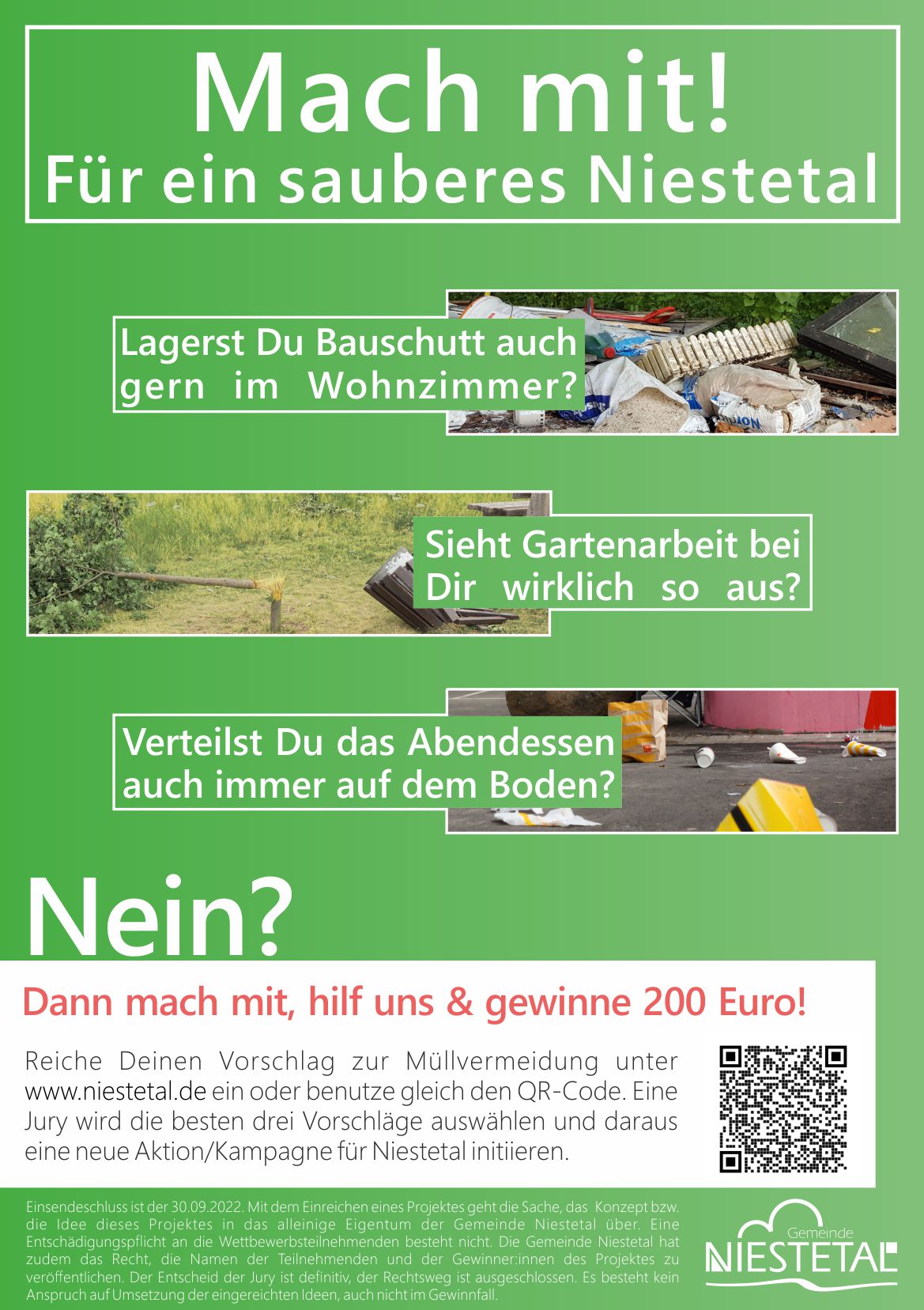 Plakat mit Bilder der Vermüllung in der Gemeinde und den Inhalten dieser Website in knapper Form.