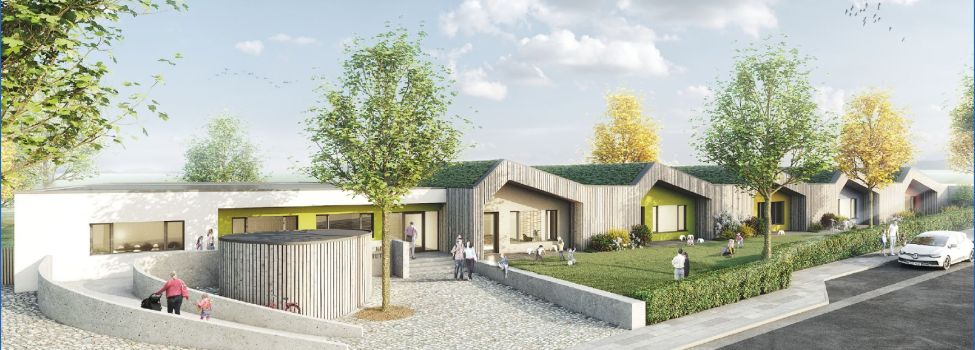 Konzeptgrafik des neuen Kindergartens Am Wolfsgraben. Die Solaranlage könnte auf den Dächern der fünf Gruppenräume einen Platz finden.