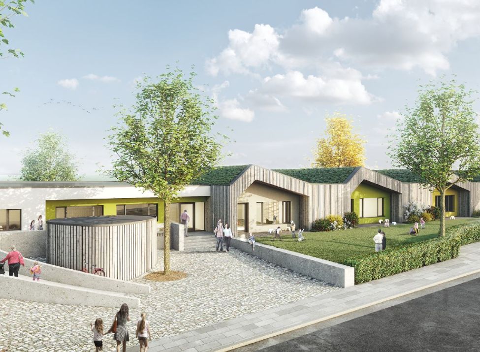 Konzeptgrafik des neuen Kindergartens Am Wolfsgraben. Die Solaranlage könnte auf den Dächern der fünf Gruppenräume einen Platz finden.