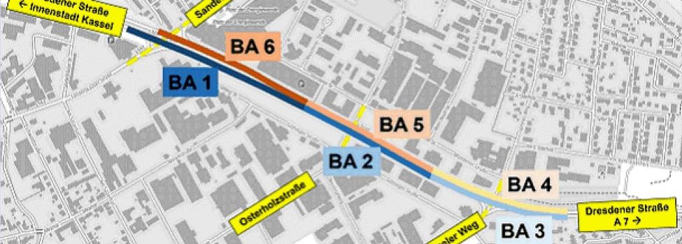 Übersicht der sechs Bauabschnitte an der Landesstraße 3237, der Dresdener Straße in Kassel im Bereich der Kreuzungen mit der Sandershäuser Straße, Osterholzstraße und dem Speeler Weg. HessenMobil