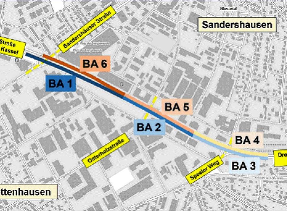 Übersicht der sechs Bauabschnitte an der Landesstraße 3237, der Dresdener Straße in Kassel im Bereich der Kreuzungen mit der Sandershäuser Straße, Osterholzstraße und dem Speeler Weg. HessenMobil