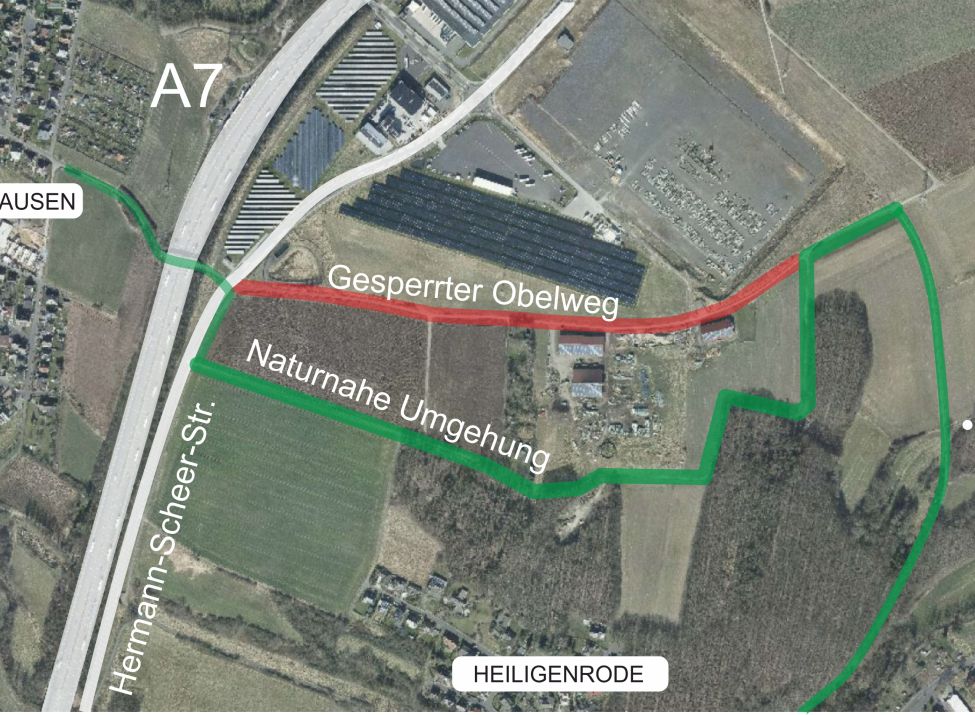 Der Obelweg wird zwischen Hermann-Scheer-Straße und Hof Heinz bis Ende des Jahres 2025 gesperrt bleiben.