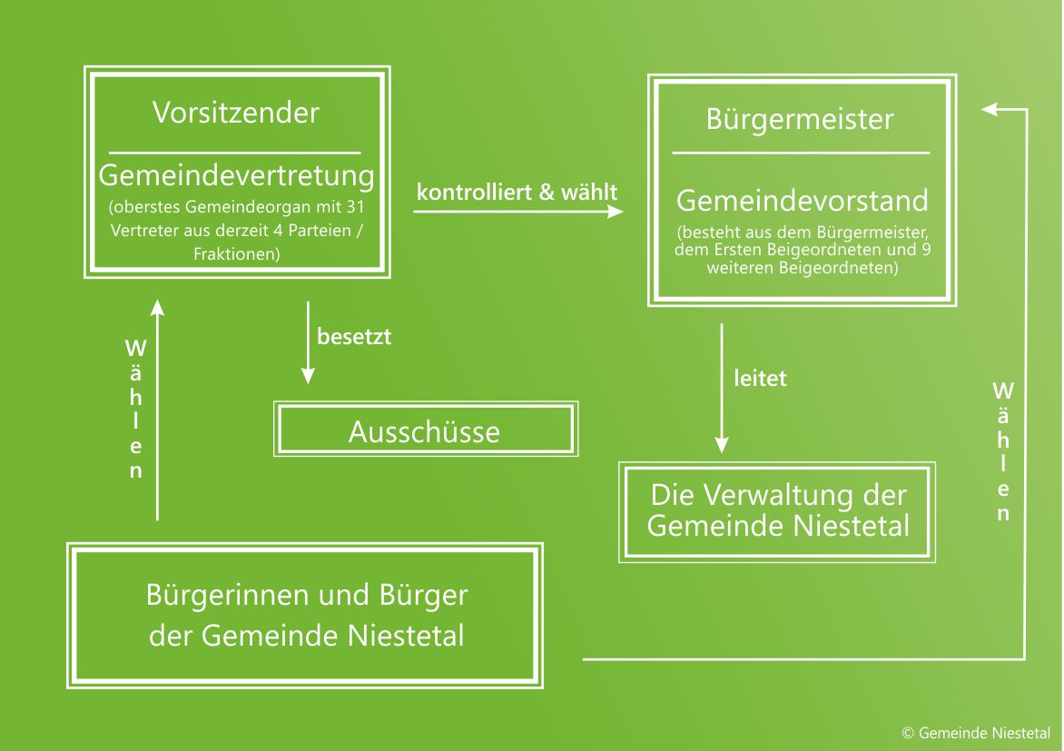 Die Bürger:innen wählen die Gemeindevertretung, diese besetzt Ausschüsse und kontrolliert und wählt den Gemeindevorstand, der wiederum die Verwaltung leitet. Der Bürgermeister wird durch die Bürger:innen gewählt.