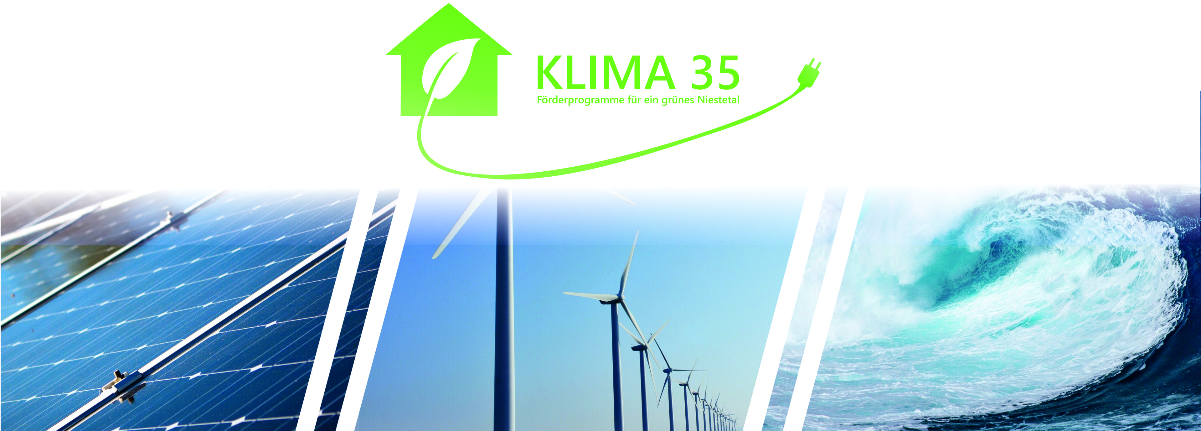 Klima 35, Förderprogramme für ein grünes Niestetal. Dargestellt sind neben dem Logo auch Wellen, PV Anlagen und Windrädern.