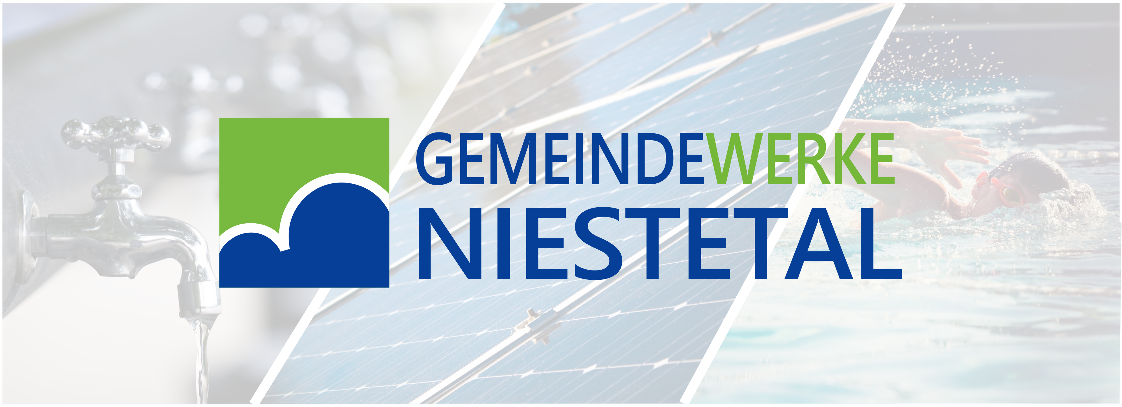 Das Logo der Gemeindewerke Niestetal mit Bildern zu den Themen Wasser, Strom, Schwimmbad.