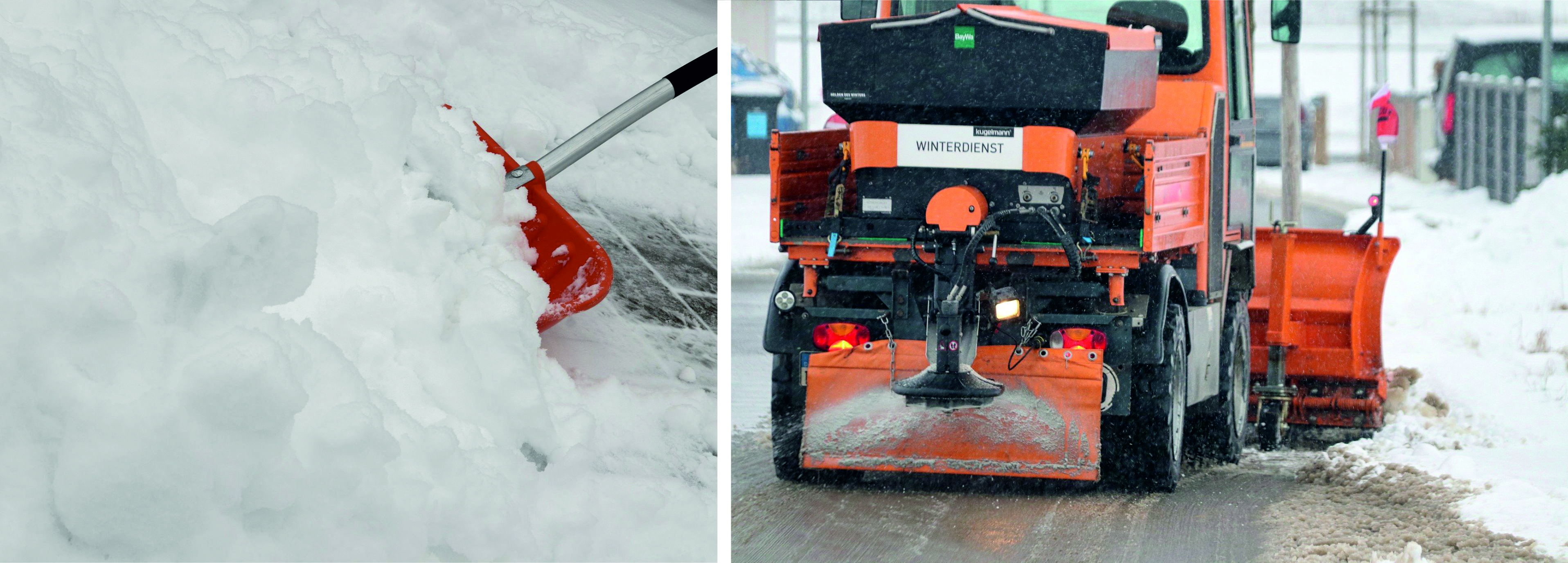 Eine Schneeschaufel räumt den Gehweg frei und ein Streufahrzeug räumt die Straße
