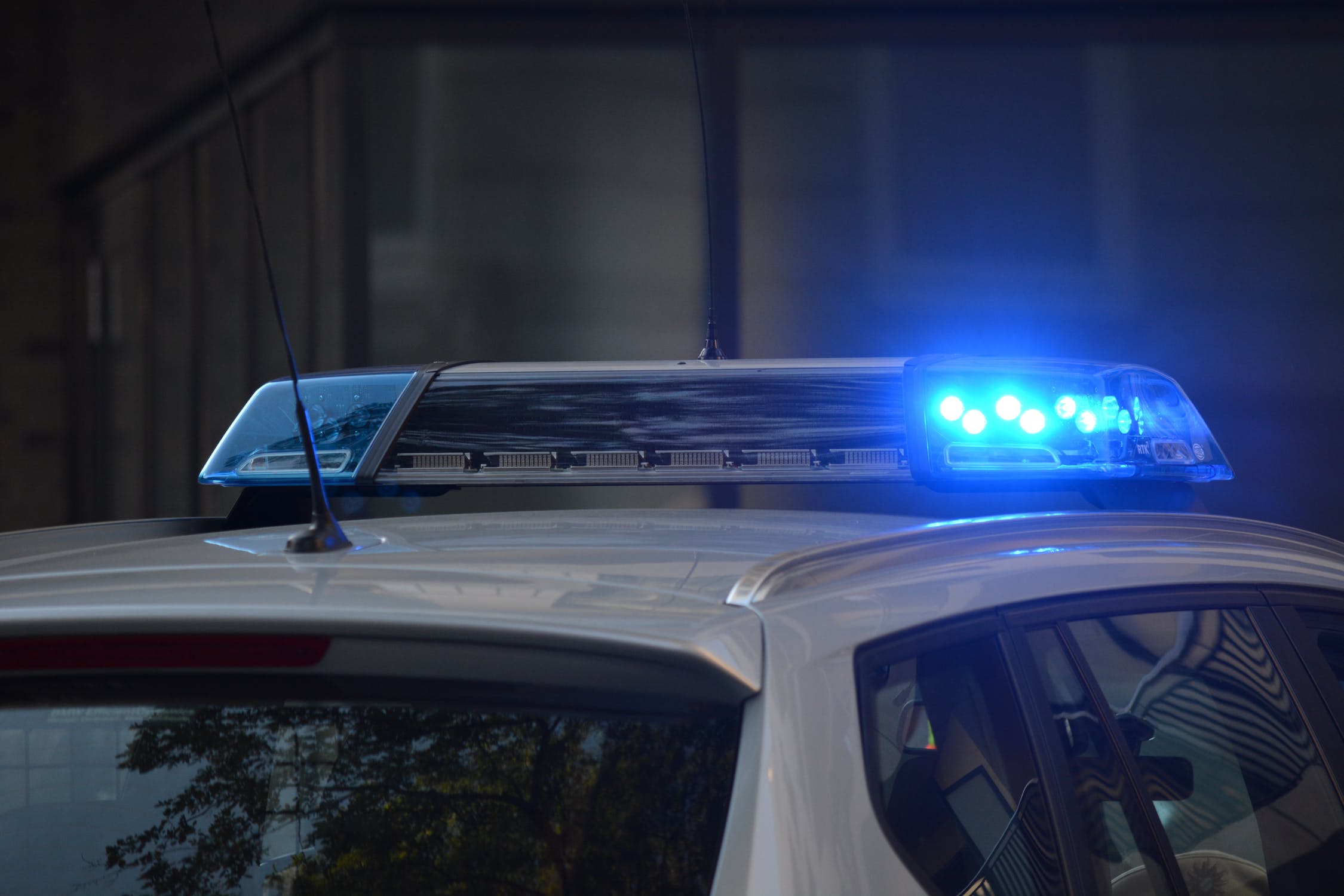 Das Blaulicht eines Polizeifahrzeugs in der Nacht