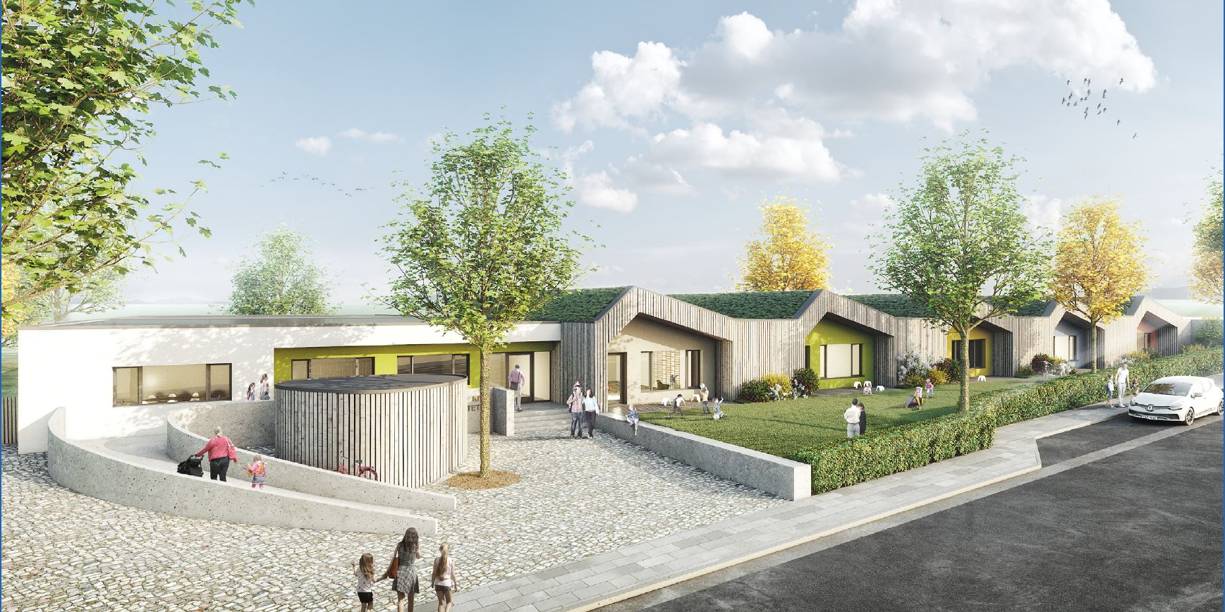 Konzeptgrafik des neuen Kindergartens Am Wolfsgraben. Die Solaranlage könnte auf den Dächern der fünf Gruppenräume einen Platz finden.